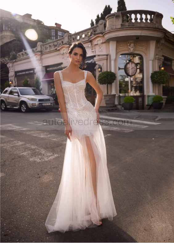 Wide Straps Ivory Lace Tulle Airy Wedding Dress Wide Straps Ivory Lace Tulle Airy Wedding Dress